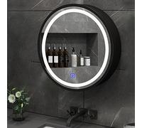 Illuminez votre espace : 60 cm Armoire de salle de bain ronde noire avec miroir et éclairage LED Fixation murale Vani avec étagère Sto - & design fonctionnel