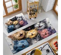 Illustration À L'Aquarelle 2 Pièces Tapis de Cuisine, Antidérapant Absorbant Lavable en Machine,Coloré Tapis de Coureur, Chat Souriant Imprimé Paillasson de Cuisine, 40x60+40x120cm