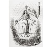 Illustration allégorique représentant une femme tenant des chaînes cassées et un drapeau inscrit avec le mot Liberté représentant le besoin de liberté religieuse. From The History of Progress in Great