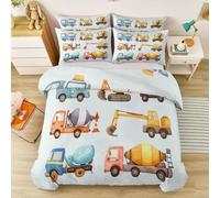 Illustration Aquarelle Housse de Couette 140 x 200 cm, Cartoon Engin Chantier Pelleteuse Parure de lit Adulte en Microfibre avec Taies d'oreiller, Clair Gris Blanc Chaud Orange Jaune