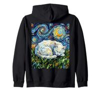 Illustration Chat Blanc Nuit étoilée endormi félin et Lune Sweat à Capuche