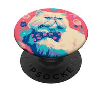 Illustration colorée de risographe Floral de Chat Persan PopSockets PopGrip Adhésif