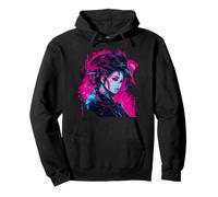 Illustration Cyberpunk Femme Japonaise Bleu Magenta Sweat à Capuche