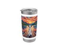 Illustration Dalmatien sur un quai au coucher du soleil sur le lac de montagne Gobelet isotherme en acier inoxydable double paroi