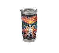 Illustration Dalmatien sur un quai au coucher du soleil sur le lac de montagne Gobelet isotherme en acier inoxydable double paroi