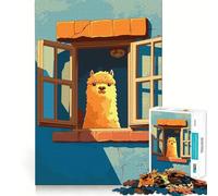 Illustration d'alpaga à la fenêtre Puzzle de 1000 pièces pour Adultes Exercice cérébral Amusant Pièces Robustes et aux découpes nettes Activité apaisante pour Une Pause mentale (50x75cm)