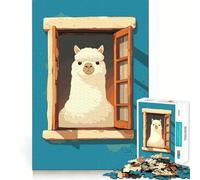 Illustration d'alpaga à la fenêtre Puzzle de 1000 pièces pour Adultes Jeu de mémoire et de Concentration Ajustement Parfait Format Compact Idéal pour des Moments de Jeu en Famille (38x26cm)