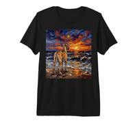 Illustration de Chien Dogue Allemand Faon au Coucher du Soleil sur la Plage T-Shirt Haut de Gamme