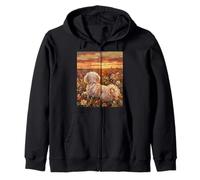 Illustration de Chien Maltais couché dans des Fleurs Sauvages au Coucher du Soleil Sweat à Capuche