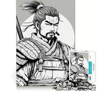 Illustration de Guerrier samouraï en Noir et Blanc Puzzle de 1000 pièces pour Adultes Jeu de réflexion Intelligent Découpe précise et Amusante Illustration Artistique (38x52cm)