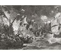 Illustration de la marine anglaise et de l'Armada espagnole engagant à la bataille de Gravelines 8 août 1588. Après une impression de William Henry Worthington à partir de la peinture de Philip James