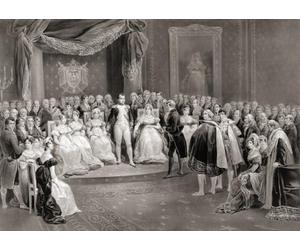 Illustration de Napoléon et sa cour Napoléon Bonaparte 1769 -1821 Empereur des Français. D'une gravure de Louis Stanislas Marin-Lavigne après la peinture de Victor Adam ; Oeuvre d'art Poster