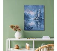 Illustration De Paysage Bleu-gris Sur Toile Mur Art Peinture, Reflets À Surface Du Lac Affiche Imprime, Art sur Toile Pour Salon Chambre à Coucher Maison Décoration Mural, 80x120cm Sans Cadre