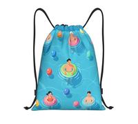 Illustration De Personnes De Diverses Origines Flottant dans Une Piscine Bleue avec des Ballons Sac À Dos De Sport Leger Sac A Dos Cordon Étanche Sacs À Cordon De Serrage pour Homme 39X46Cm