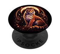 Illustration de Tigre majestueux avec Galaxie et Lune PopSockets PopGrip Adhésif