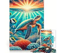 Illustration de Tortues Marines au Coucher du Soleil Puzzle de 1000 pièces pour Adolescents Jeu de réflexion Calme Découpe précise Cadeau saisonnier (38x52cm)