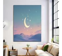 Illustration Dessin Animé Decoration Murale, Couleur dégradée Tableau Montagnes Croissant Lune Poster Photo Impression sur Toile Tableau Deco Artistique Murale pour Salon, sans Cadre 60x90cm