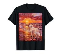 Illustration d'été représentant Un Chien des Pyrénées sur Une Plage au Coucher du Soleil T-Shirt