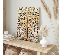 Illustration d'un arbre luxuriant aux fleurs colorées, oiseaux, papillons et fruits sur fond jaune chaud, affiches et impressions sur toile (70 x 100 cm, sans cadre)