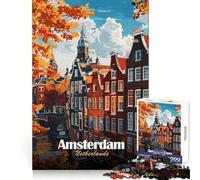 Illustration d'un Paysage Urbain d'automne à Amsterdam,Pays-Bas Puzzle de 1000 pièces pour Adolescents,pour Une réflexion Claire et Une évasion en Pleine Conscience Assemblage Solide,Cadeau Unique