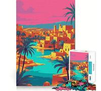Illustration d'un Paysage Urbain Vibrant dans Une Oasis désertique Puzzle de 1000 pièces Jeu de Concentration Découpe Experte Artisanat Fascinant pour Les Moments de détente (38x26cm)