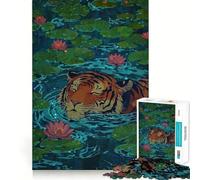 Illustration d'un Tigre nageant dans Un étang aux nénuphars Puzzle de 1000 pièces pour Adultes Jeu de logique et de Jeu en Groupe Bords Nets 50x75cm