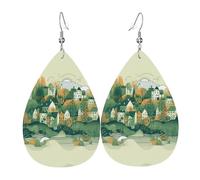 Illustration D'Une Petite Ville Boucles D'Oreilles Double Face Boucles D'Oreilles En Cuir Légères Boucle D'Oreille Pour Quotidien Fête Des Mères Décorations