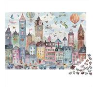 Illustration d'une Ville féerique. Puzzle de 1000 pièces en Carton 100% recyclé représentant Une Ville Imaginaire avec des Tours d'horloge. Un défi Stimulant et Amusant. Dimensions : 70 x 50 cm.
