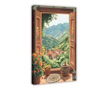 Illustration en bois de la fenêtre de Tizi Ouzou, motif berbère kabyle sur toile - Décoration pour chambre, bureau, pièce - Paysage - Cadeau - 60 x 90 cm