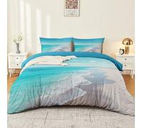 Illustration Moderne Housse de Couette 140 x 200 cm, Bleu Doux Microfibre Literie, Été Cartoon Plage Vague Océan avec 2 Taies d'oreiller avec Fermeture Éclair Adulte Fille Garçon