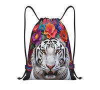 Illustration Numérique d'un Tigre Blanc Portant Une Couronne De Fleurs Rainbow Sac D'École Leger Sac De Cordon Résistant Sacs De Sport avec Cordon pour Sports Plein Air Yoga 39X46Cm