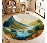 Illustration Numérique Forêt De Montagnes Tapis de Salon Rond 160 cm Poil Court Fin Doux Léger Résistant, Multicolore Tapis de Chambre Rond Lavable en Machine pour Salle à Manger et Bureau Moquette