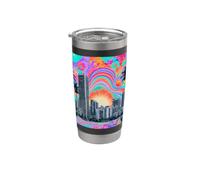 Illustration rétro d'un palmier arc-en-ciel de Miami Gobelet isotherme en acier inoxydable double paroi