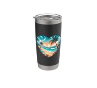 Illustration romantique en forme de cœur au coucher du soleil, plage et palmiers Gobelet isotherme en acier inoxydable double paroi