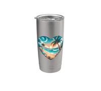 Illustration romantique en forme de cœur au coucher du soleil, plage et palmiers Gobelet isotherme en acier inoxydable double paroi