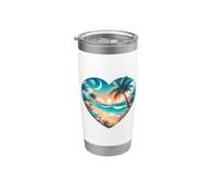 Illustration romantique en forme de cœur au coucher du soleil, plage et palmiers Gobelet isotherme en acier inoxydable double paroi