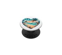 Illustration Romantique en Forme de cœur au Coucher du Soleil, Plage et Palmiers PopSockets PopGrip Adhésif