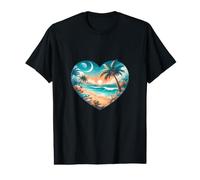 Illustration Romantique en Forme de cœur au Coucher du Soleil, Plage et Palmiers T-Shirt Graphique avec Valeur
