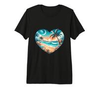 Illustration Romantique en Forme de cœur au Coucher du Soleil, Plage et Palmiers T-Shirt Haut de Gamme