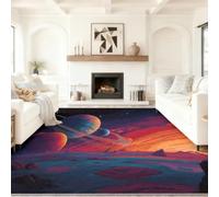 Illustration Science Fiction Tapis de Salon 160 x 230 cm, Doux et Confortable Multicolore Branché Ciel Étoilé Sommets Satellite, Lavable en Machine du Dos TPR Antidérapant pour Cuisine Bureau
