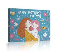 Illustrations murales joyeuses et ludiques Imprimé sur toile Mère et Fille Adorables Fleurs colorées et Affiches en toile d’abeilles pour la salle jeux Cadre intérieur la fête des mères 70x90cm