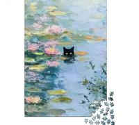Illustré avec Black Cat in Water Lilies Painting Puzzle en Bois