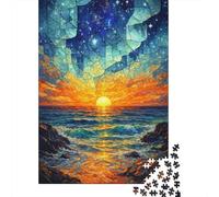 Illustré avec Stained Glass Sunset Over Ocean Puzzle en Bois, 1000 pièces