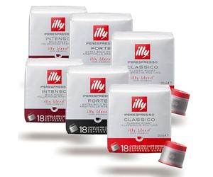 ILLY Sélection de 108 Capsules de café pour machines hyperexpresso | Assortiment de dégustation avec 2x Classique, 2x Intense, 2x Forte