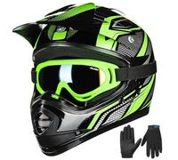 ILM Casque Moto Enfant Motocross Cycliste pour Garçon et Fille avec Goggle Gants VTT ATV Off Road ECE B07,Noir Vert,Jeune-XL