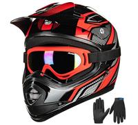 ILM Casque Moto Enfant Motocross Cycliste pour Garçon et Fille avec Goggle Gants VTT ATV Off Road ECE B07,Noir Rouge,Jeune-L