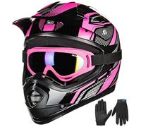 ILM Casque Moto Enfant Motocross Cycliste pour Garçon et Fille avec Goggle Gants VTT ATV Off Road ECE B07,Noir Rose,Jeune-L