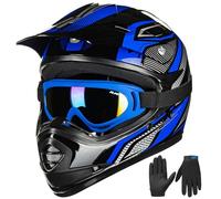 ILM Casque Moto Enfant Motocross Cycliste pour Garçon et Fille avec Goggle Gants VTT ATV Off Road ECE B07,Noir Bleu,Jeune-L