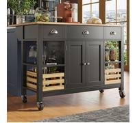 Ilot Central 120x45x90cm noir avec chariot et corbeille à pins Table à manger multifonctionnelle et rangement cuisine