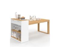 IDMARKET Ilot central avec table à manger 5 personnes GARY 190 cm blanc et plateau bois